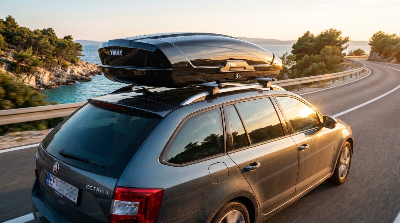 Škoda Octavia Combi so strešným boxom Thule na pobrežnej ceste pri mori